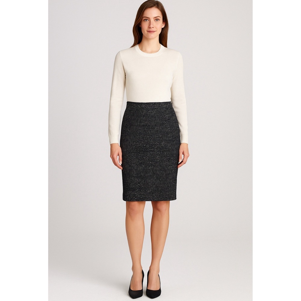 St. John‎ Black White Tweed Knit Skirt Womens Size 8 Pencil Stretch Unlined 25"